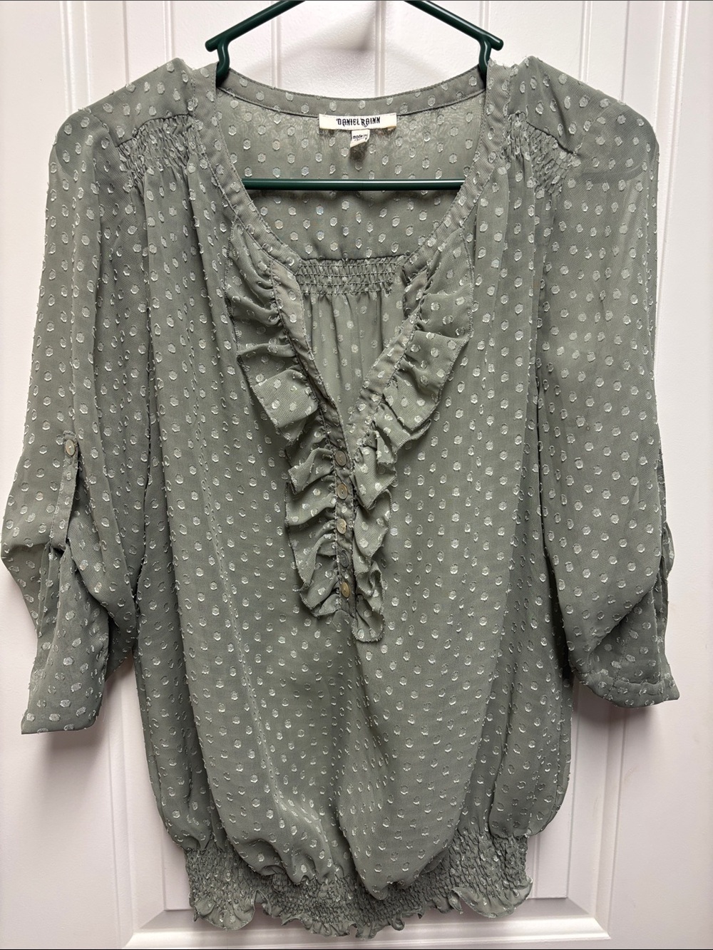 Daniel Rainn Sage Green Ruffle V-Neck Blouse